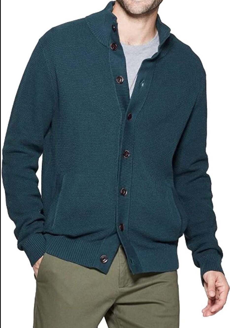 Goodfellow & Co Men's Button-Front Textured Cardigan Sweater in Dark Green